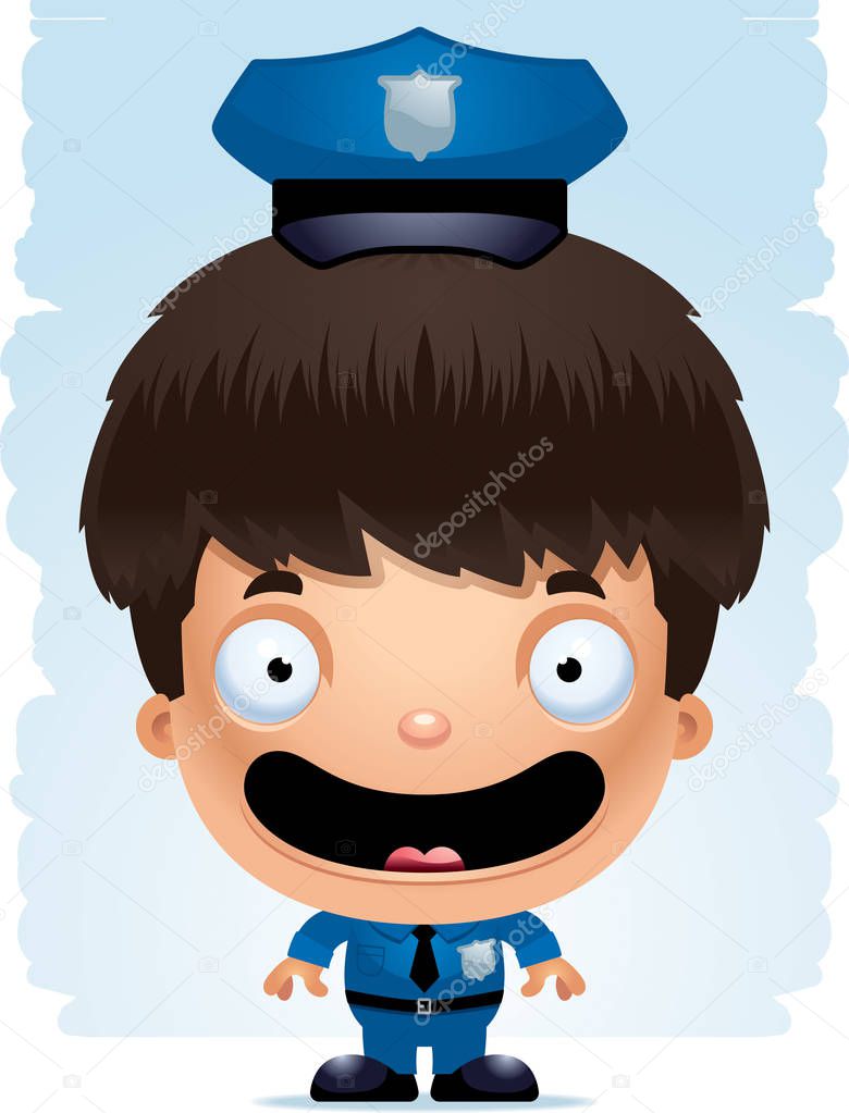 A cartoon illustration of a boy police officer smiling.
