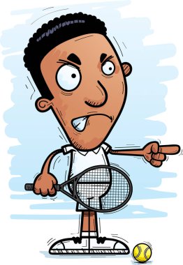 Bir siyah adam tenis oyuncu kızgın ve işaretleme isteyen bir karikatür çizimi.