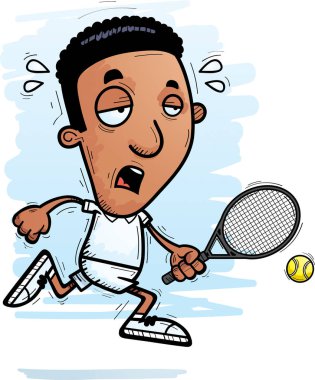 Çalışan ve yorgun görünümlü bir siyah adam tenis oyuncusu çizgi film gösterimi.