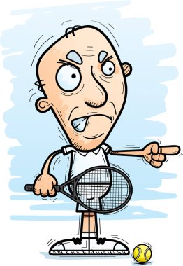 Bir yaşlı adam tenis oyuncu kızgın ve işaretleme isteyen bir karikatür çizimi.