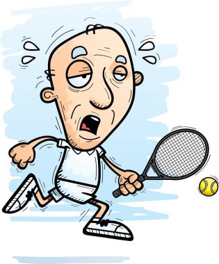 Bir yaşlı adam tenis oyuncusu çalışan ve yorgun görünümlü bir karikatür çizimi.