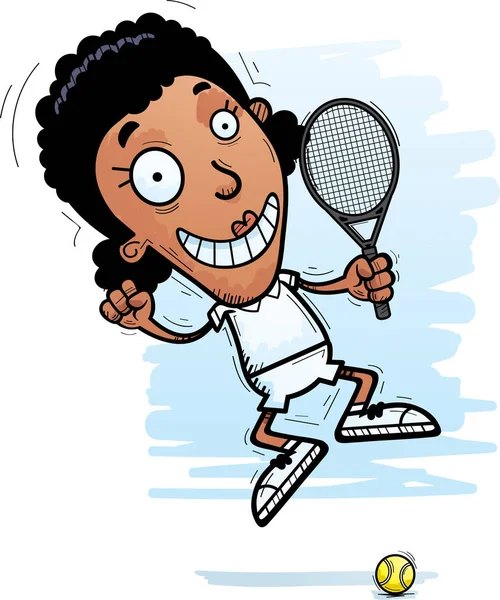 Tecknad Illustration Svart Kvinna Tennisspelare Hoppning — Stock vektor