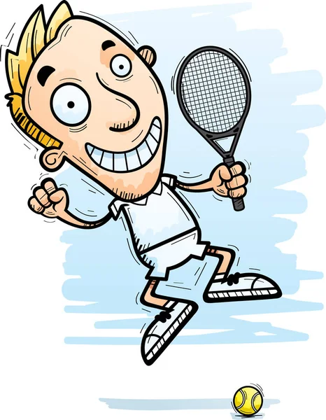 Cartone Animato Illustrazione Giocatore Tennis Uomo Saltando — Vettoriale Stock