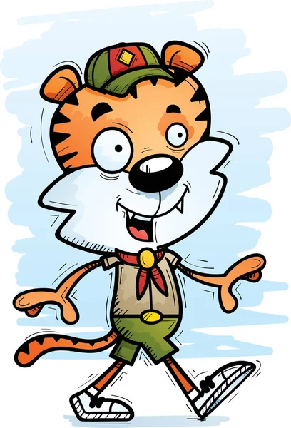 Tecknad Illustration Manlig Tiger Scout Promenader — Stock vektor