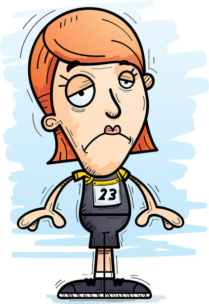 A cartoon illustration of a woman track and field athlete looking sad.