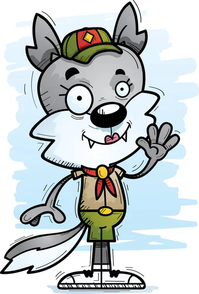 Een Illustratie Van Cartoon Van Een Vrouwelijke Wolf Scout Zwaaien — Stockvector