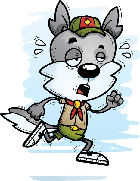 Una Ilustración Dibujos Animados Lobo Explorador Corriendo Mirando Agotado — Vector de stock