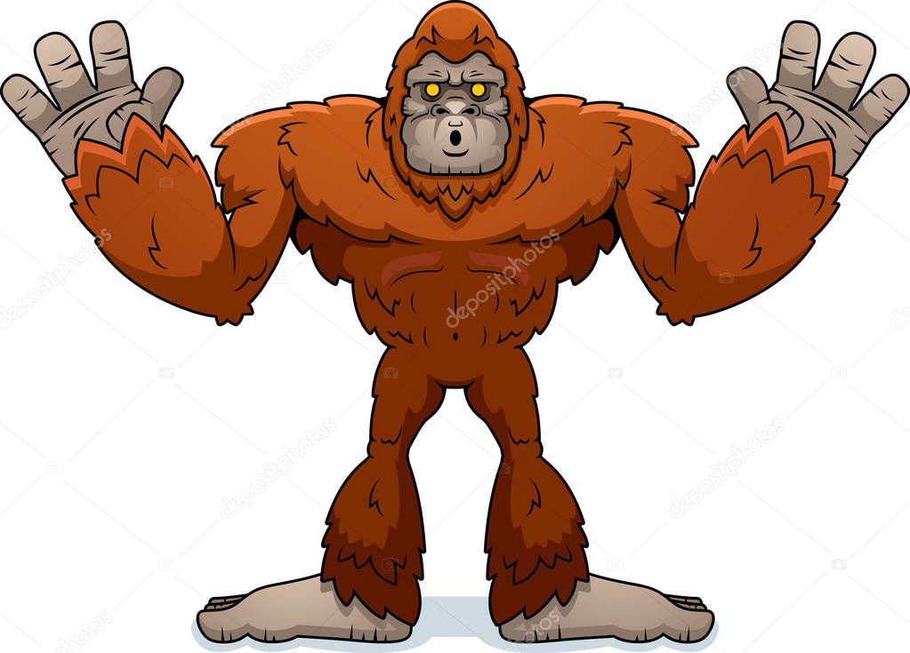 A cartoon illustration of a sasquatch surrendering with hands up.