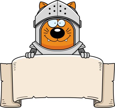 Bir kedi şövalye bir afiş bir karikatür çizimi.