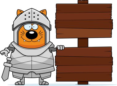 Bir kedi şövalye ahşap işareti olan çizgi film gösterimi.