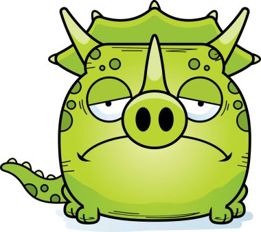 Üzgün bir ifade ile küçük bir Triceratops dinozor bir karikatür çizimi.