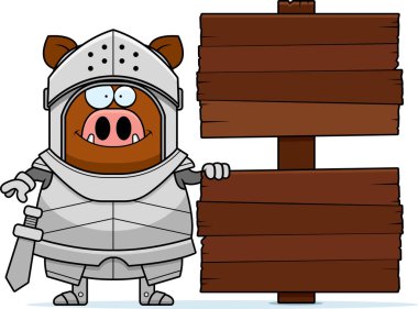 Ahşap bir işareti ile bir domuzu şövalye çizgi film gösterimi.