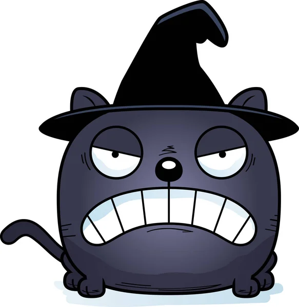 Zeichentrickdarstellung Einer Katze Mit Hexenhut Mit Wütendem Gesichtsausdruck — Stockvektor