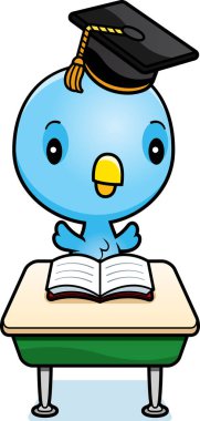 Bir mavi kuş öğrenci sınıf masa başında oturan bir karikatür çizimi.