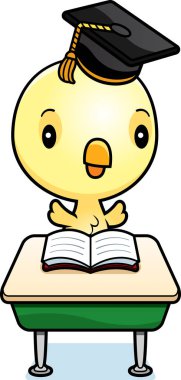 Bir bebek kız öğrenci sınıf masa başında oturan bir karikatür çizimi.