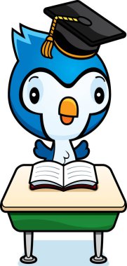 Bir bebek mavi karga öğrenci sınıf masa başında oturan bir karikatür çizimi.