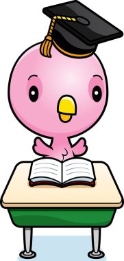 Bir bebek pembe kuş öğrenci sınıf masa başında oturan bir karikatür çizimi.