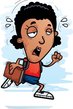 Çalışan ve yorgun görünümlü bir siyah kadın öğrenci çizgi film gösterimi.