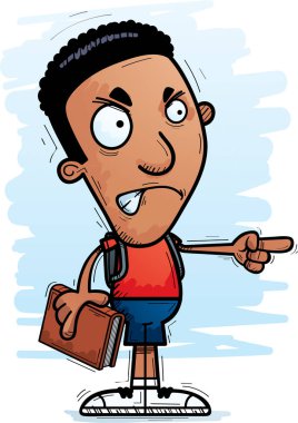 Kızgın ve işaretleme arayan bir siyah adam öğrenci çizgi film gösterimi.