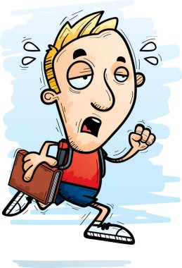 Çalışan ve yorgun görünümlü bir adam öğrenci çizgi film gösterimi.