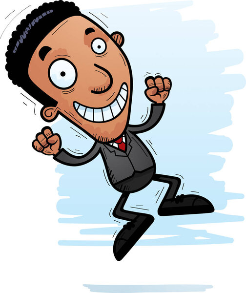 A cartoon illustration of a black businessman jumping.