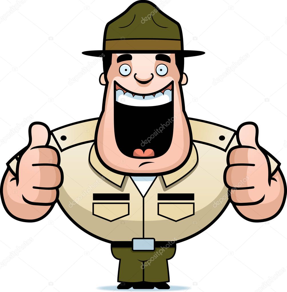 A cartoon illustration of a drill sergeant giving two thumbs up.
