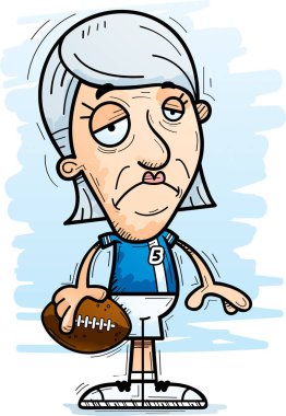 Üzülmüş bir yaşlı kadın futbol oyuncu çizgi film gösterimi.