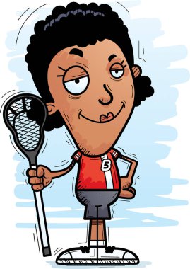 Bir siyah kadın lakros oyuncu kendine güvenen isteyen bir karikatür çizimi.