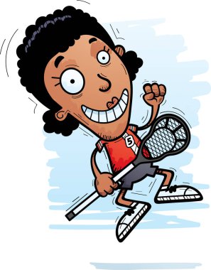 Bir siyah kadın lakros oyuncu atlama çizgi film gösterimi.