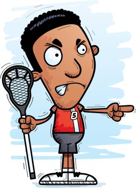 Bir siyah adam lakros oyuncu kızgın ve işaretleme isteyen bir karikatür çizimi.