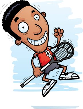 Bir siyah adam lakros oyuncu atlama çizgi film gösterimi.