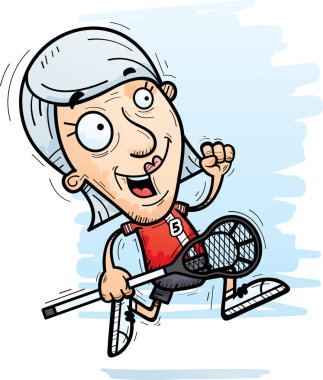 Çalışan bir yaşlı kadın lakros oyuncu çizgi film gösterimi.