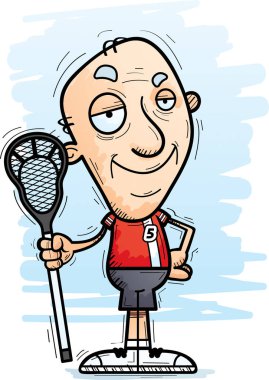 Bir yaşlı adam lakros oyuncu kendine güvenen isteyen bir karikatür çizimi.