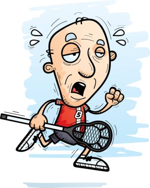 Bir yaşlı adam lakros oyuncu çalışan ve yorgun görünümlü bir karikatür çizimi.