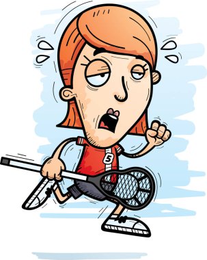 Çalışan ve yorgun görünümlü bir kadın lakros oyuncu çizgi film gösterimi.