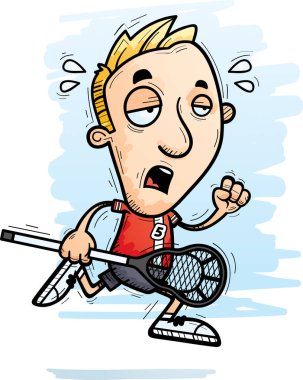 Çalışan ve yorgun görünümlü bir adam lakros oyuncu çizgi film gösterimi.