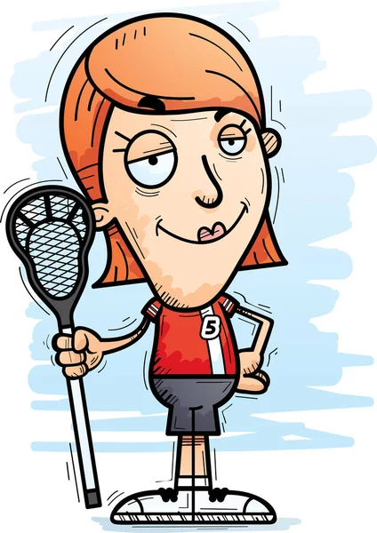 Cartone Animato Illustrazione Una Donna Giocatore Lacrosse Guardando Fiducioso — Vettoriale Stock