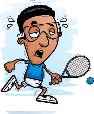 Çalışan ve yorgun görünümlü bir siyah adam raketbol oyuncu çizgi film gösterimi.