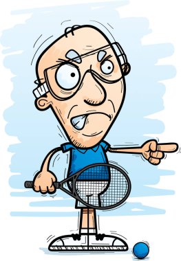 Bir yaşlı adam raketbol oyuncu kızgın ve işaretleme isteyen bir karikatür çizimi.