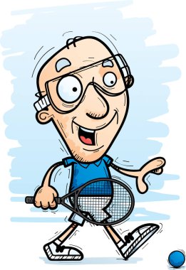 Yürüyen bir yaşlı adam raketbol oyuncu çizgi film gösterimi.