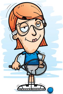 Bir kadın raketbol oyuncu kendine güvenen isteyen bir karikatür çizimi.