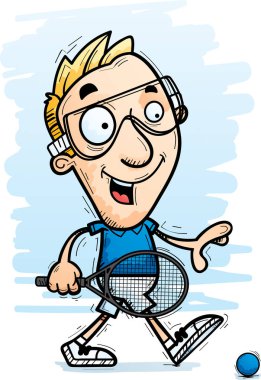 Yürüyen bir adam raketbol oyuncu çizgi film gösterimi.