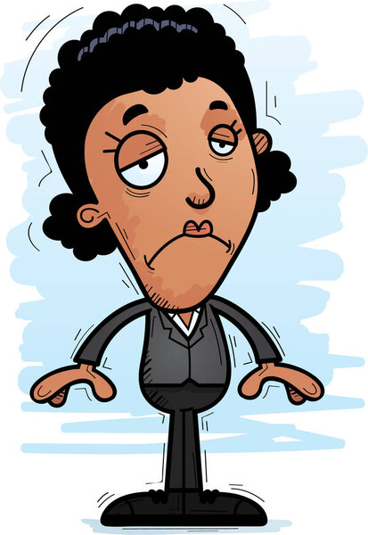 A cartoon illustration of a black businesswoman looking sad.