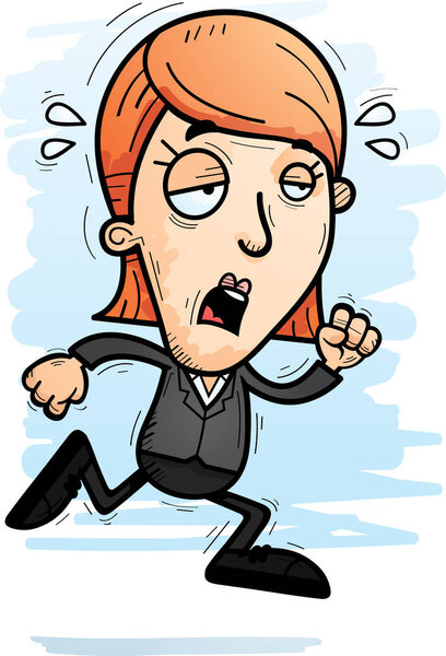 A cartoon illustration of a businesswoman running and looking exhausted.