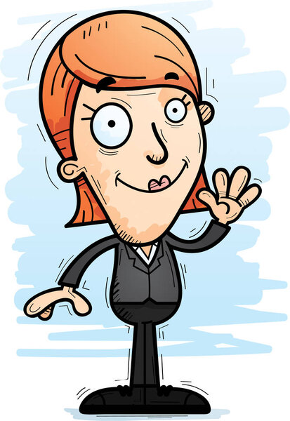 A cartoon illustration of a businesswoman waving.