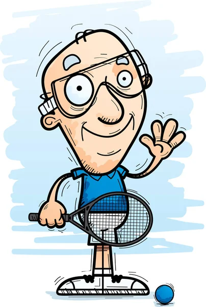Cartoon Illustration Senior Citizen Man Racquetball Player Waving — Stock Vector