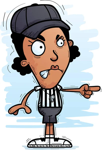 一个黑人女裁判员的卡通插图看着愤怒和指向 — 图库矢量图片