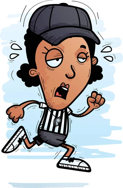 一个黑人女裁判员运行和看起来筋疲力尽的卡通插图 — 图库矢量图片
