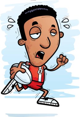 Çalışan ve yorgun görünümlü bir siyah adam rugby oyuncusu çizgi film gösterimi.