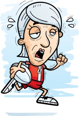 Bir üst düzey citzen kadın rugby oyuncusu çalışan ve yorgun görünümlü bir karikatür çizimi.